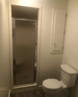 Simple framed door in chrome with obscured rain glass.
#remodel